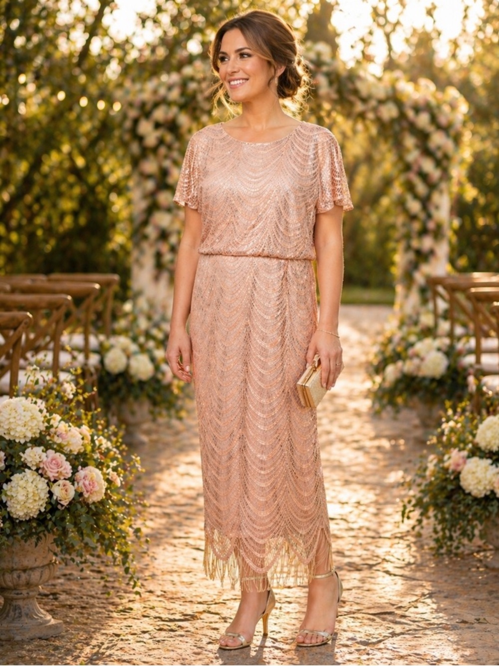 SL Fashions Gold Fringe Maxi Dress 14W NWT | Cocktail Event | Wedding Guest Glam